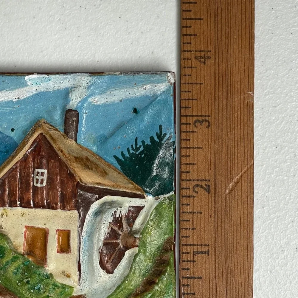 Vintage Hand Painted 3D Tile Cottage Mountains Trees‎ French Farmhouse Prairie